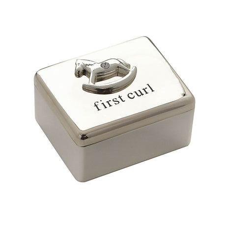 Rectangular silverplated keepsake box with mirror-polished finish, rocking horse emblem and "first curl" text on the lid, shown on a plain white background.