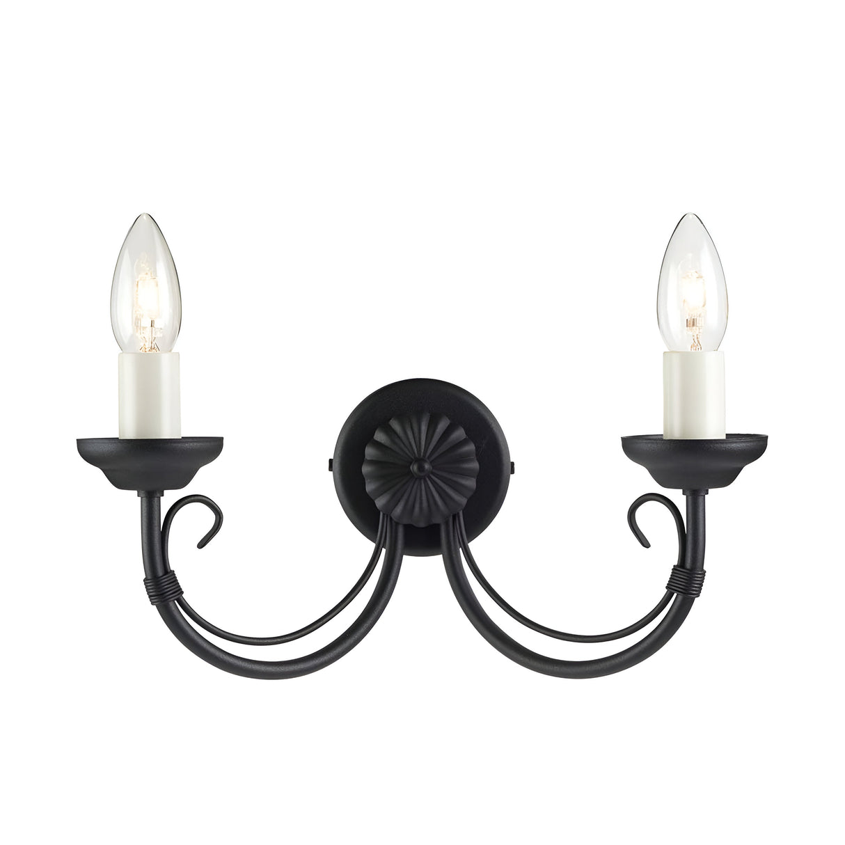 The Chartwell 2 Light Wall Light - Black offers traditional charm with its black double-arm design, featuring two candle-shaped lights set on a round base. Its arms elegantly curve outward and upward, making it an understated yet sophisticated choice for introducing a modern flair to both classic and contemporary spaces.