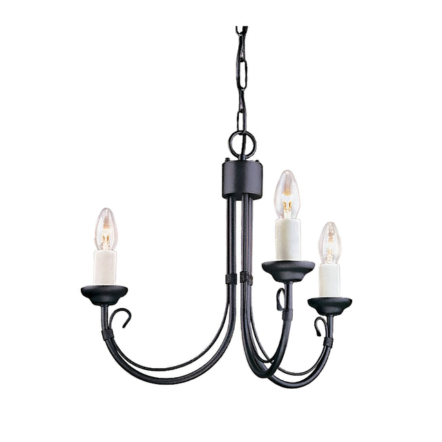 The Chartwell 3 Light Chandelier - Black brings a vintage aesthetic to life with its simple three-arm design, each arm flaunting an exposed candle-shaped bulb. Suspended by a chain, it creates a striking contrast against a white background and enhances any home décor setting.