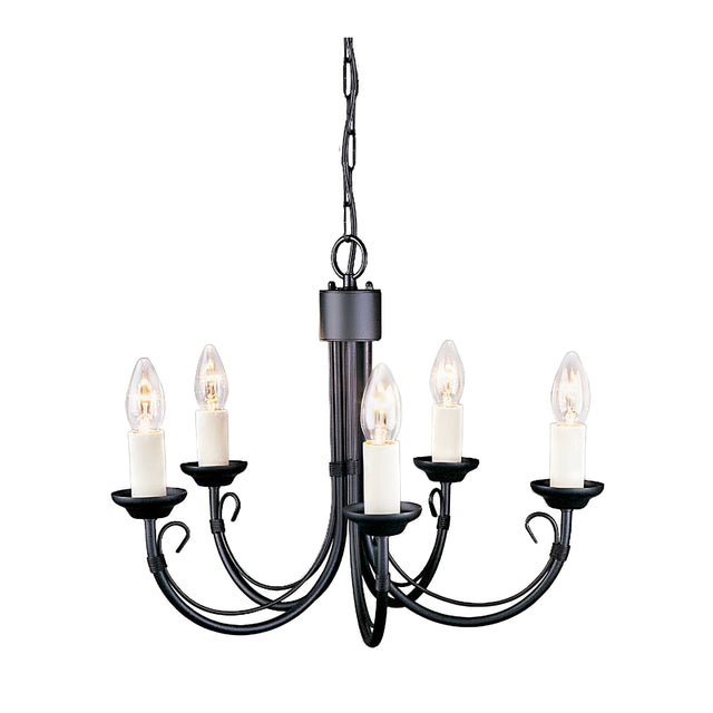 The Chartwell 5 Light Chandelier in Black features a graceful design, with five candle-style light bulbs hanging from a chain. Its classic elegance makes it a versatile lighting solution suitable for various interior settings.