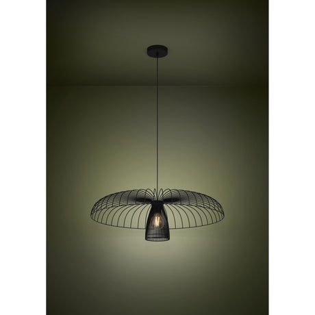 Champerico Pendant Light 77cm in black steel, a wide wire dome shade over an inner cone with E27 bulb, hung from a round ceiling canopy in a dark room setting.