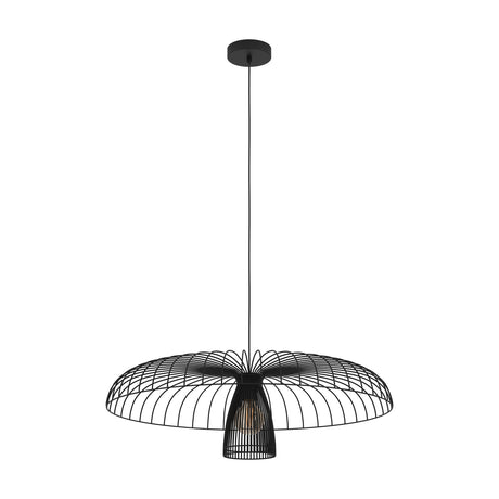 Champerico Pendant Light 77cm in black steel, wide wire-frame dome with inner cone shade, round ceiling canopy and slim cable, E27 fitting, shown on a plain white background.