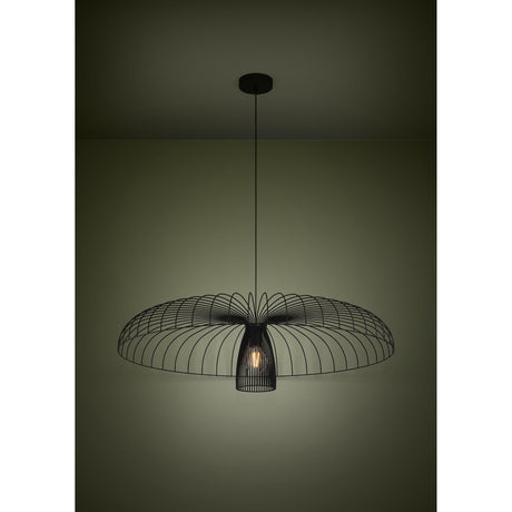 Champerico Pendant Light 98.5cm in black steel, wide open wire-cage canopy over a slatted inner shade with a single E27 bulb, hung from a black ceiling rose in a dimly lit room.