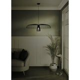 Champerico Pendant Light 98.5cm in black steel, a wide open wire-cage shade with slatted inner shade, shown hanging above a sofa and plant in a dimly lit living room.