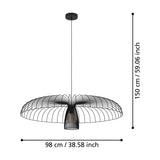 Champerico Pendant Light 98.5cm in black steel, shown as a wire-frame diagram with a wide open-cage canopy and slatted inner shade, dimensions 98cm width and 150cm drop, on a white background.