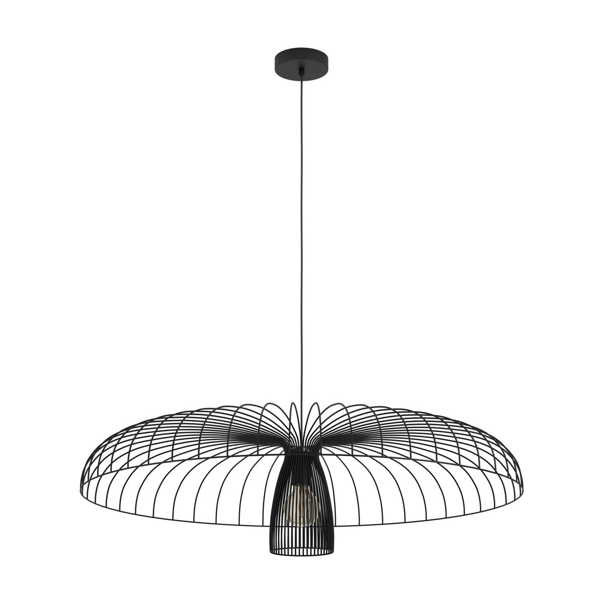 Champerico Pendant Light 98.5cm in black steel, featuring a wide open wire-cage canopy around a slatted inner shade with a single E27 bulb, shown on a plain white background.