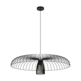 Champerico Pendant Light 98.5cm in black steel, featuring a wide open wire-cage canopy around a slatted inner shade with a single E27 bulb, shown on a plain white background.
