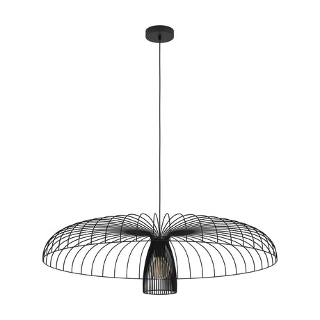 Champerico Pendant Light 98.5cm in black steel, featuring a wide open wire-cage canopy around a slatted inner shade with a single E27 bulb, shown on a plain white background.