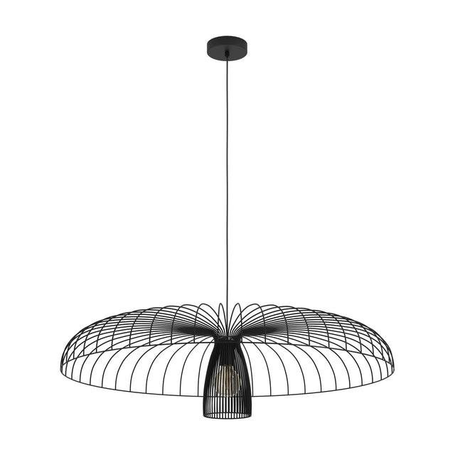 Champerico Pendant Light 98.5cm in black steel, featuring a wide open wire-cage canopy around a slatted inner shade with a single E27 bulb, shown on a plain white background.