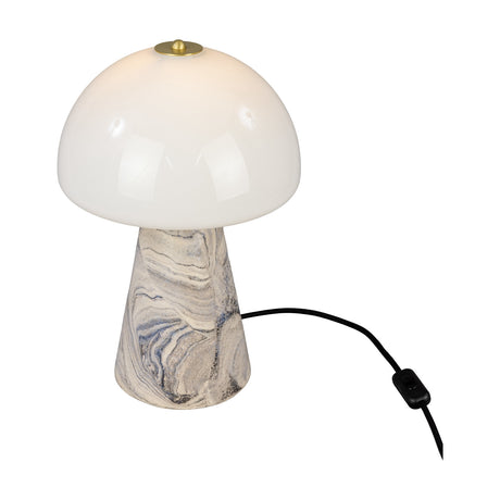 Champignon Ceramic Mushroom Table Lamp with a rounded white glass dome, brass finial and collar, and a marbled cream and blue grey ceramic cone base, shown against a plain white background.