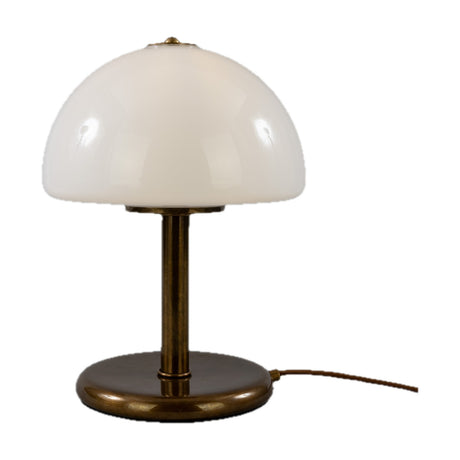 Champignon Glass Mushroom Table Lamp with white dome shade on a slim brass stem and round brass base, shown on a plain white background.