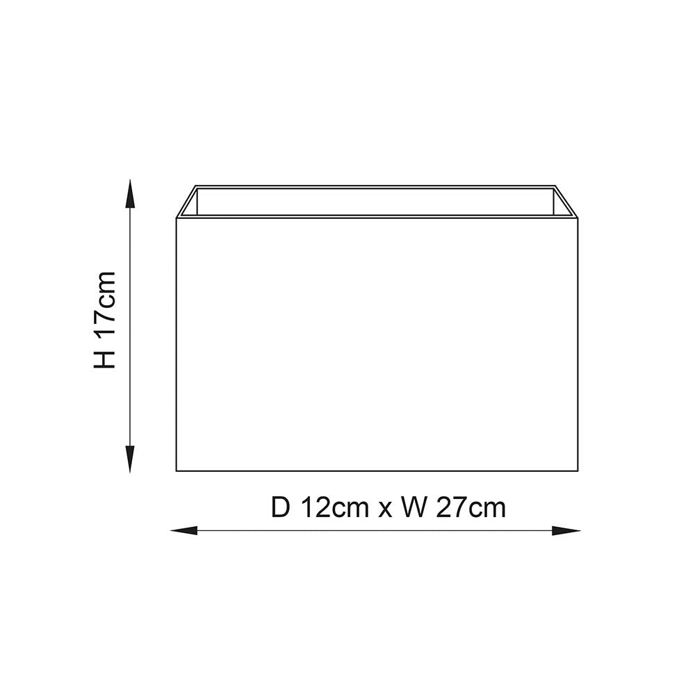Line drawing of the Chartstead rectangular tapered lamp shade in grey fabric, showing dimensions H 17cm, D 12cm x W 27cm.