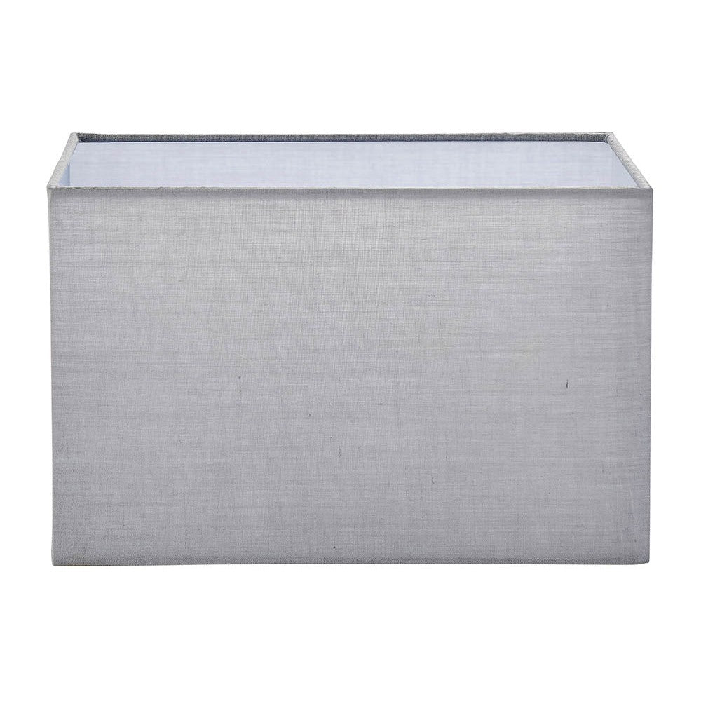 Chartstead Rectangular 27cm Tapered Lamp Shade in grey cotton fabric with a rolled edge and white interior, shown on a plain background.