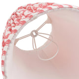Interior view of Endon Chartwood 16cm tapered lamp shade in coral pink, showing the candle clip gimbal fitting, plain pink lining and taped top edge.