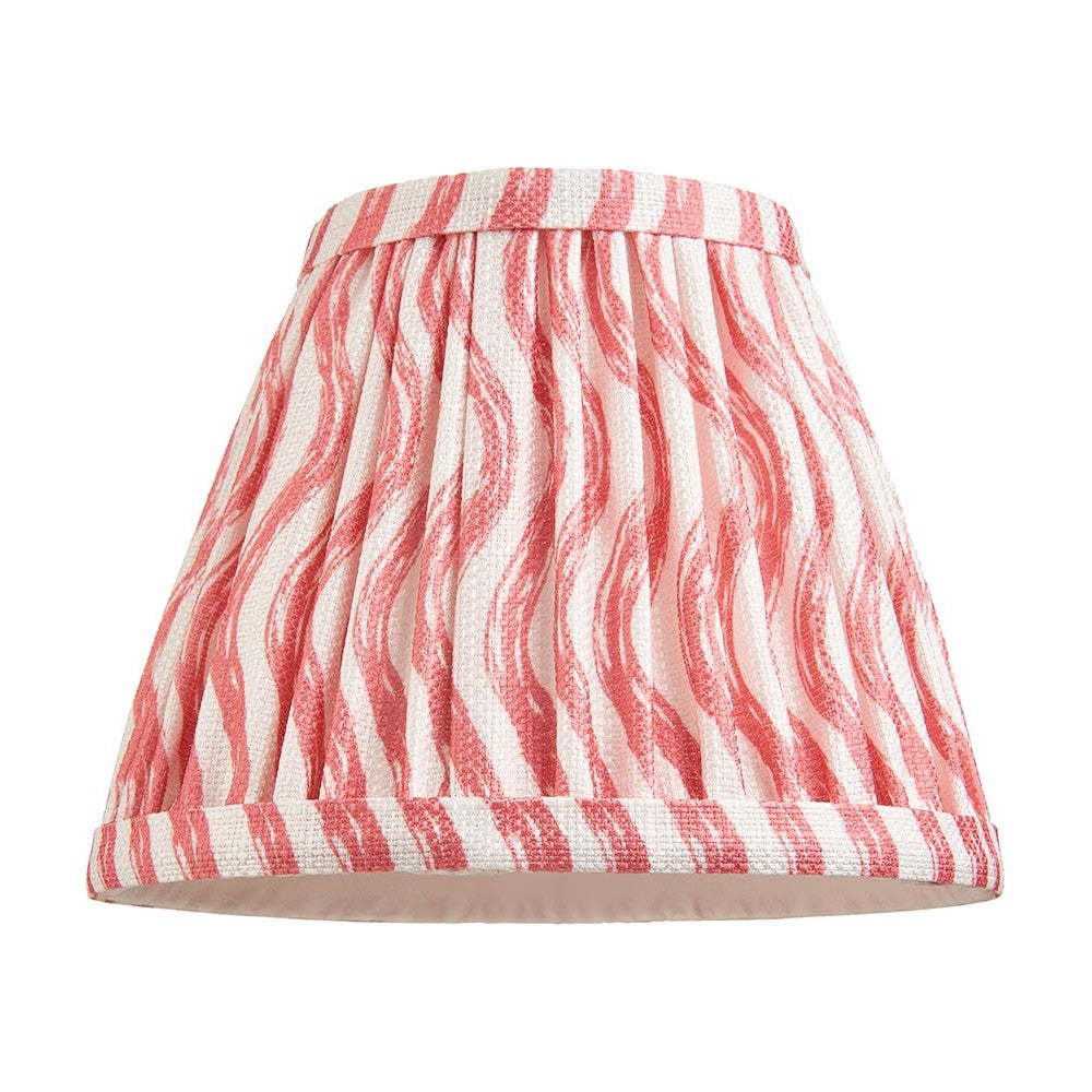 Endon Chartwood 16cm tapered lamp shade in coral pink and white pleated faux linen with a rippled wave print and taped edges, on a white background.