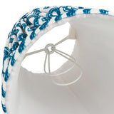 Interior view of Endon Chartwood 16cm tapered lamp shade in marlin blue, showing candle clip fitting, plain white lining and gathered pleated fabric.