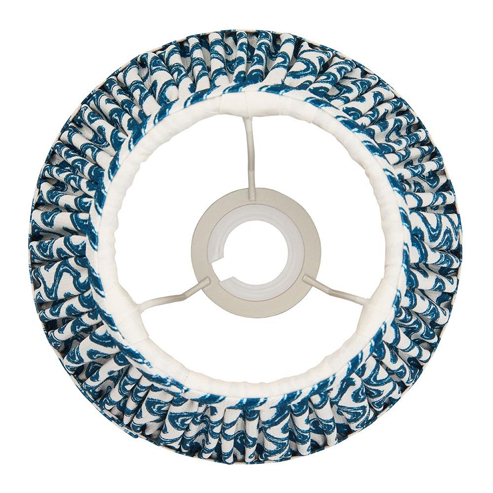 Top-down view of the Endon Chartwood 20cm tapered lamp shade in marlin blue and white pleated faux linen with fixed gimbal fitting, on a white background.
