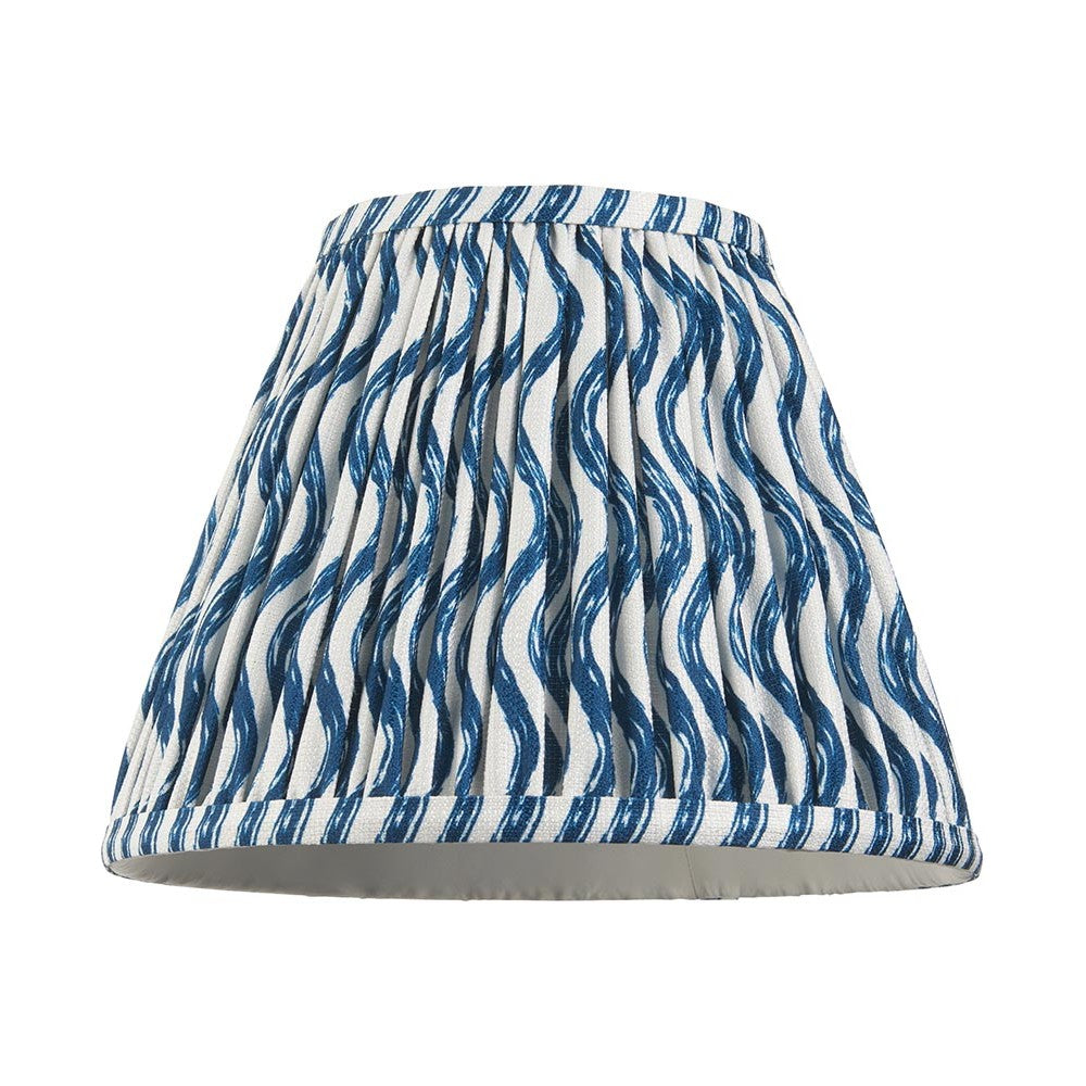 Endon Chartwood 25cm tapered lamp shade in pleated faux linen with a marlin blue ripple print on white, shown on a plain background.