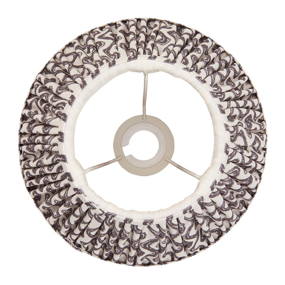 Endon Chartwood 25cm tapered lamp shade in pearl grey pleated faux linen with ripple print, taped edges and gimbal fitting, shown from below.