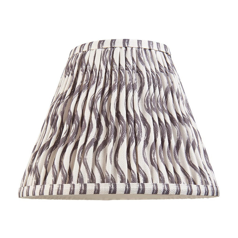 Endon Chartwood 25cm tapered lamp shade in pearl grey pleated faux linen with a soft grey ripple print and taped edges, on a plain background.