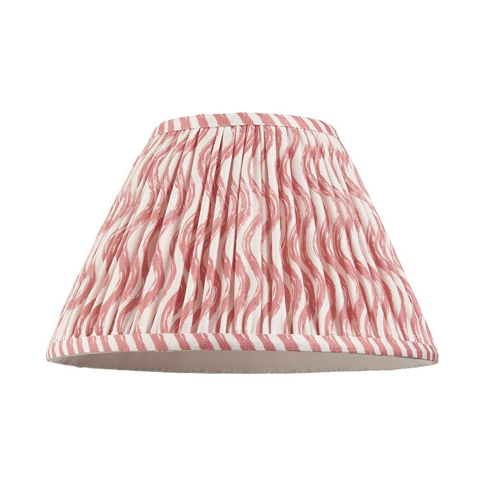 Endon Chartwood 30cm tapered lamp shade in coral pink and white pleated faux linen with a rippled print and taped edge, shown on a plain background.