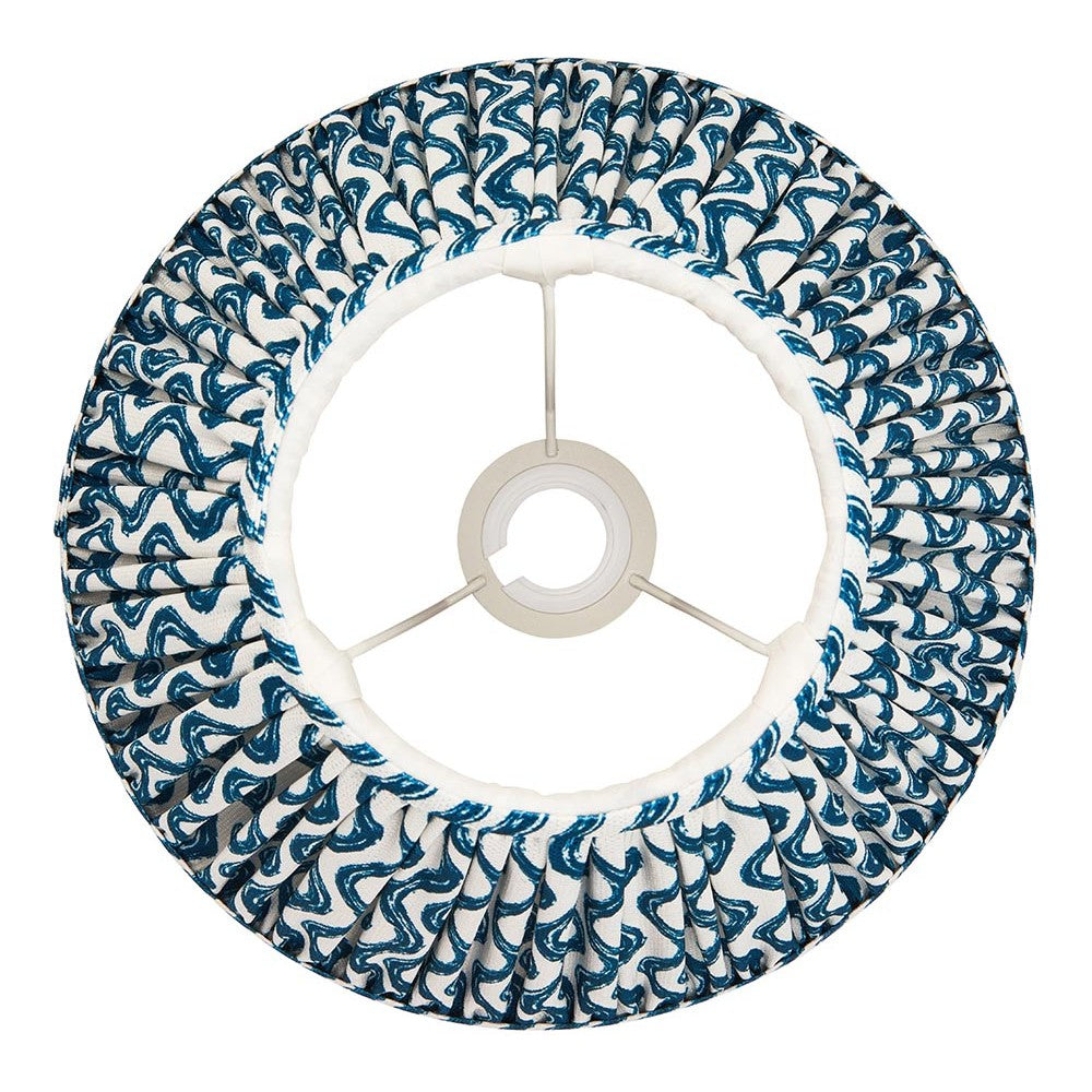 Endon Chartwood 30cm tapered lamp shade in marlin blue with pleated faux linen ripple print, taped edges and gimbal fitting, on a white background.