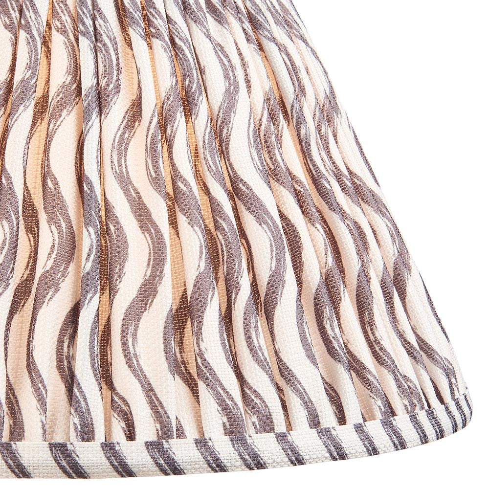 Endon Chartwood 30cm tapered lamp shade in pearl grey pleated faux linen with a soft grey ripple print and taped edge trim, shown close up.