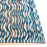 Endon Chartwood 35cm tapered lamp shade in marlin blue, close-up of pleated faux linen with a rippled blue-and-white wave print and taped edge.