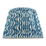 Endon Chartwood 35cm tapered lamp shade in marlin blue and white pleated faux linen with a rippled brushstroke print, shown on a plain background.