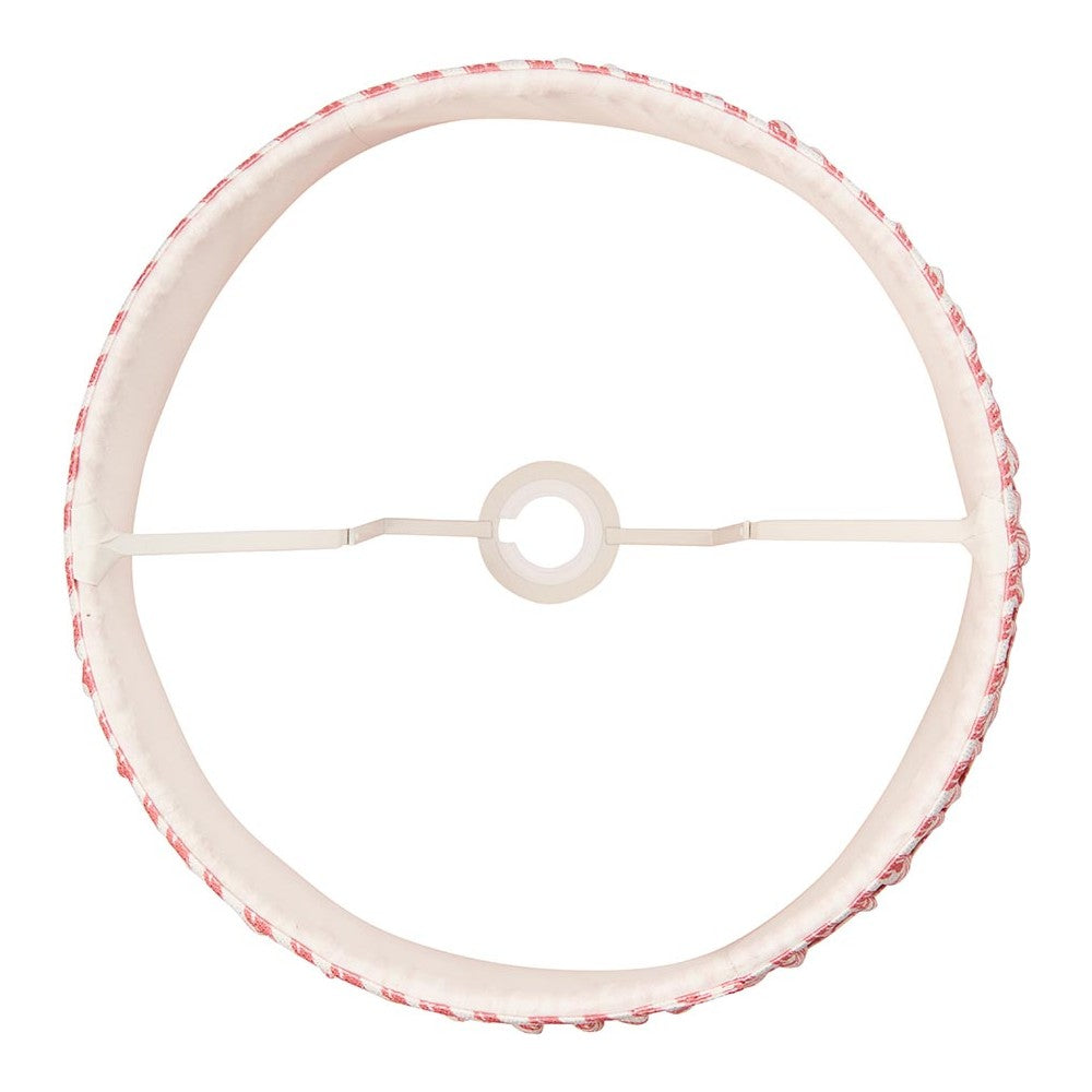 Endon Chartwood 40cm tapered lamp shade viewed from below, showing the coral pink taped edge, white inner lining and reversible gimbal fitting.