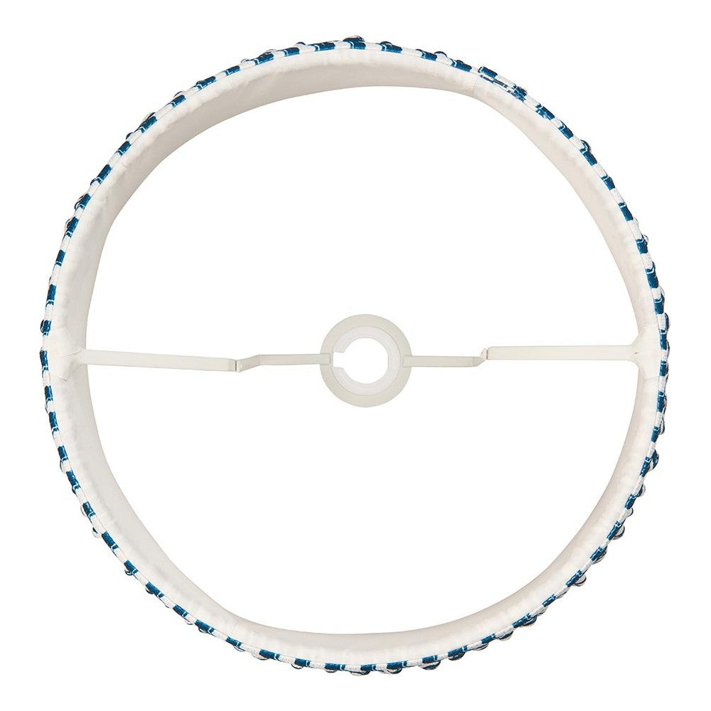Endon Chartwood 40cm tapered lamp shade shown from above with reversible gimbal fitting, white inner lining and marlin blue taped edge detailing.