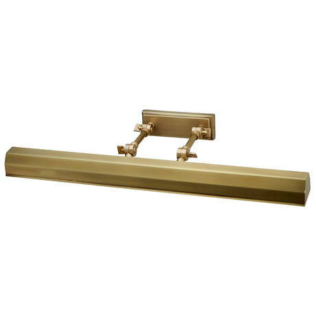 The Chawton Large Picture Light - Aged Brass features an angular design with two adjustable arms on a rectangular base, allowing for precise directional lighting. This contemporary and stylish lamp is ideal for spotlighting artwork or photographs.