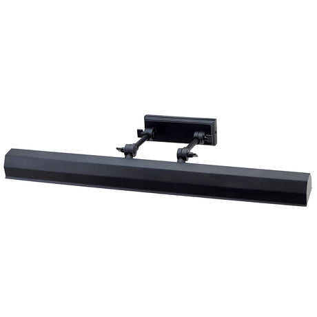 Introducing the Chawton Large Picture Light in a sophisticated black finish, featuring an elongated rectangular design. It comes equipped with two adjustable arms with knuckle joints and a rectangular base for easy wall mounting.