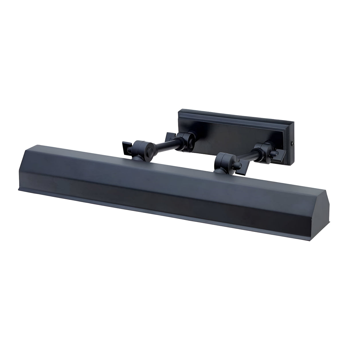 The Chawton Medium Picture Light - Black is designed for wall mounting and features a modern black rectangular shade with an adjustable arm equipped with knuckle joints. This stylish lighting solution delivers focused illumination for artwork or photos, enhancing your space with both elegance and functionality.