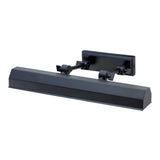 The Chawton Medium Picture Light - Black is designed for wall mounting and features a modern black rectangular shade with an adjustable arm equipped with knuckle joints. This stylish lighting solution delivers focused illumination for artwork or photos, enhancing your space with both elegance and functionality.
