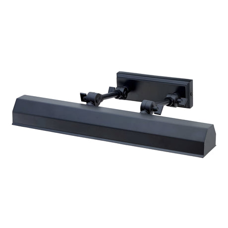 The Chawton Medium Picture Light - Black is designed for wall mounting and features a modern black rectangular shade with an adjustable arm equipped with knuckle joints. This stylish lighting solution delivers focused illumination for artwork or photos, enhancing your space with both elegance and functionality.