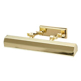 The Chawton Medium Picture Light - Polished Brass is a fixture with an angular rectangular design and adjustable knuckle joints, crafted to elegantly illuminate artwork or photos. It boasts a sleek finish and mounts on a rectangular base, providing flexibility with its two swivel joints for ideal positioning.