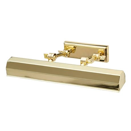 The Chawton Medium Picture Light - Polished Brass is a fixture with an angular rectangular design and adjustable knuckle joints, crafted to elegantly illuminate artwork or photos. It boasts a sleek finish and mounts on a rectangular base, providing flexibility with its two swivel joints for ideal positioning.