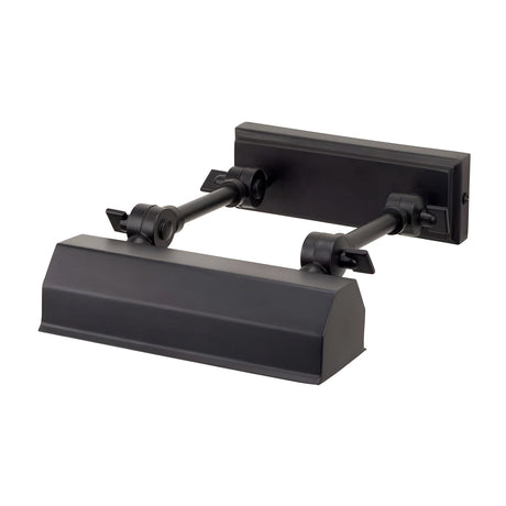 The Chawton Small Picture Light in black features an adjustable double-arm design with knuckle joints, a rectangular backplate, and a long horizontal shade. Ideal for modern décors, it provides elegant illumination for paintings or artwork.