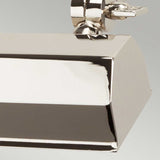 The close-up image showcases the Chawton Small Picture Light in a rectangular shape with an angular design, featuring a rounded fixture at the top and a small, round handle on the side. Its polished nickel finish presents a shiny metallic surface that reflects light effortlessly.