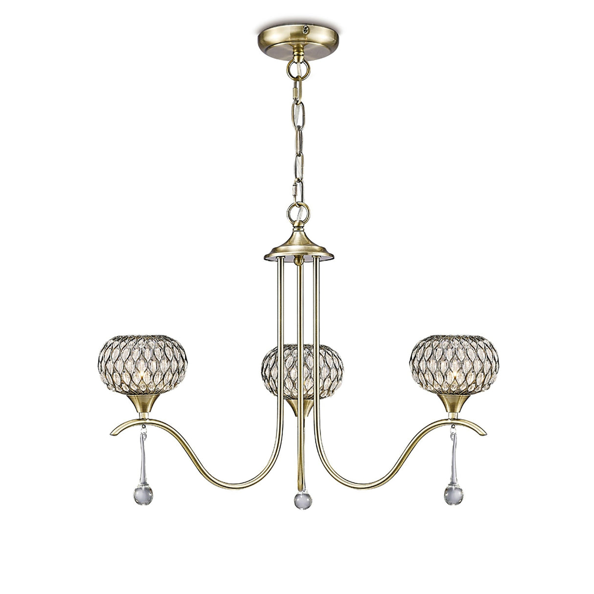 Chelsie 56cm 3 Light Clear Beaded Glass Chandelier - Antique Brass