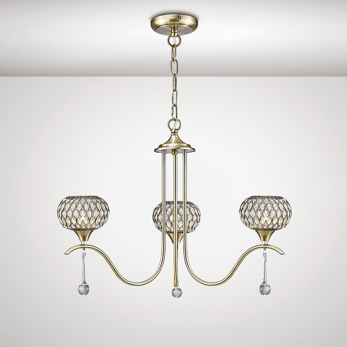 Chelsie 56cm 3 Light Clear Beaded Glass Chandelier - Antique Brass