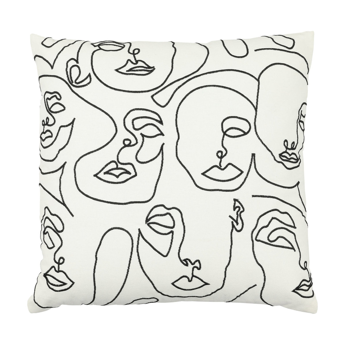 Chevery Cushion in cream cotton with continuous-line black embroidered faces design, square shape, shown on a plain white background.