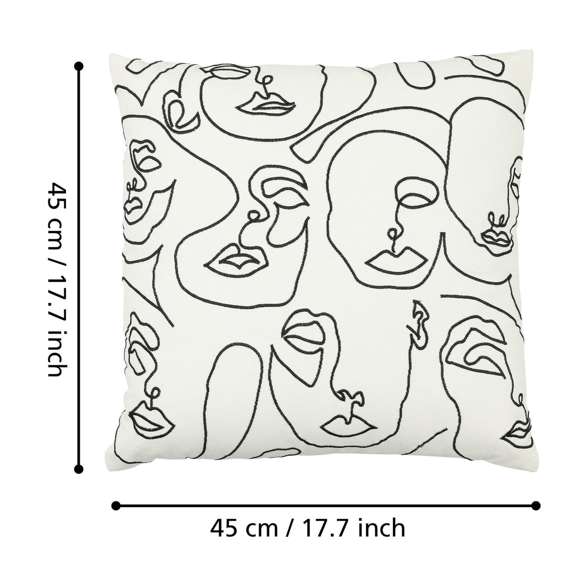 Chevery Cushion in black on cream, 45x45cm square cotton cover with embroidered single-line face design, shown with size measurements on a white background.