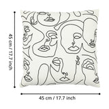 Chevery Cushion in black on cream, 45x45cm square cotton cover with embroidered single-line face design, shown with size measurements on a white background.