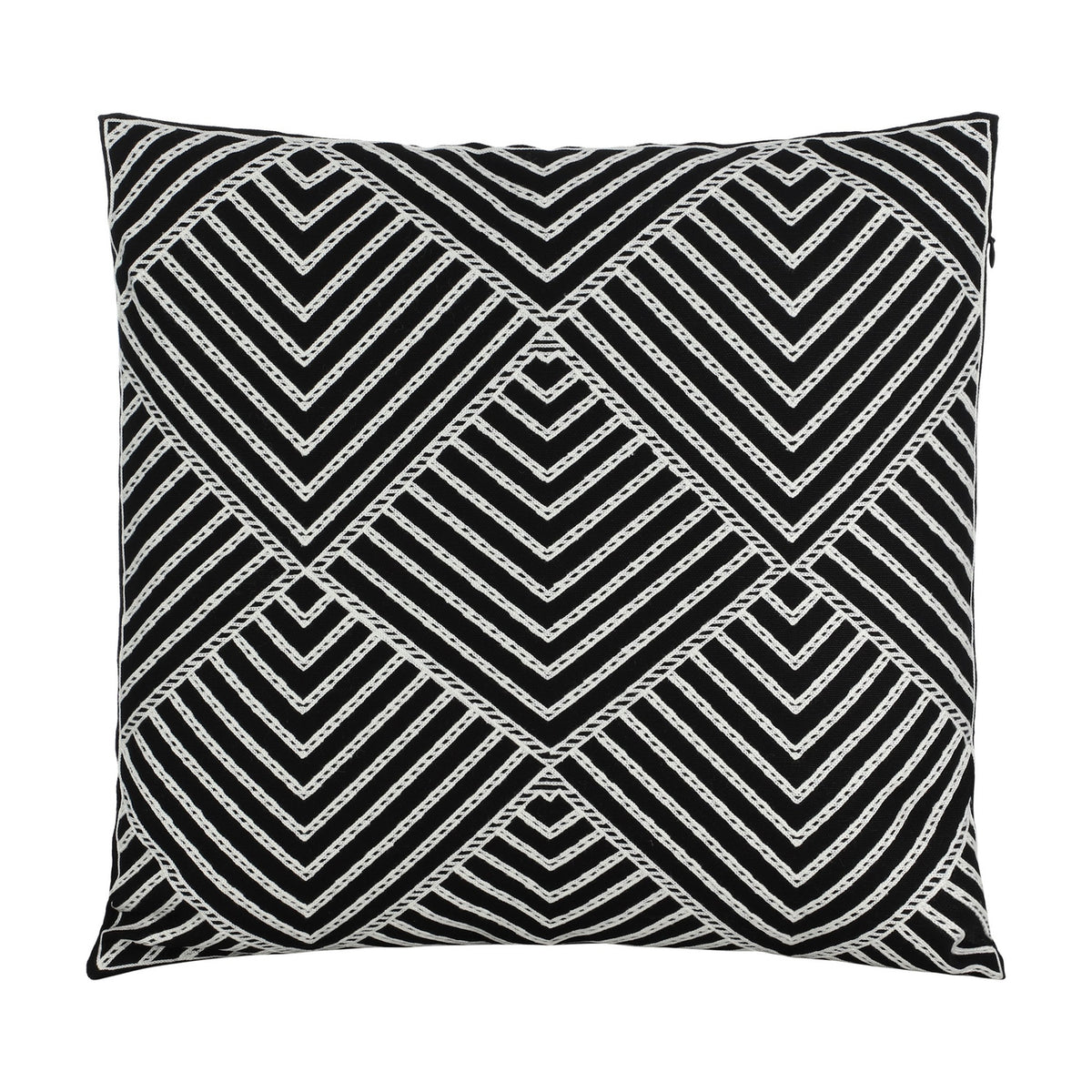 Chevery square cushion cover in black and white, featuring a stitched geometric chevron pattern forming diamonds, shown on a plain white background.