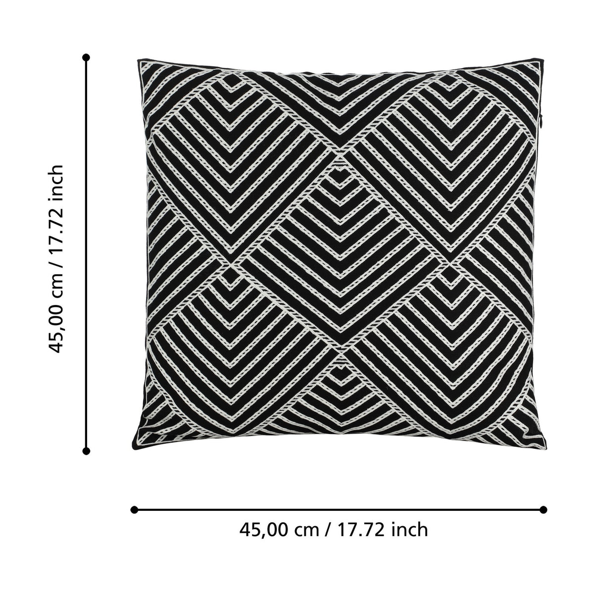 Chevery Cushion in black and white, a 45cm square cover with stitched chevron and diamond pattern, shown with size dimensions on a plain white background.