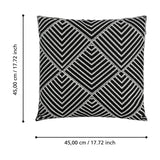 Chevery Cushion in black and white, a 45cm square cover with stitched chevron and diamond pattern, shown with size dimensions on a plain white background.