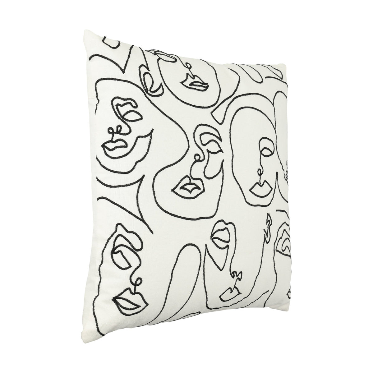 Chevery Cushion in cream cotton with embroidered black single-line face motifs, square shape, shown on a plain white background.