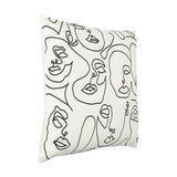 Chevery Cushion in cream cotton with embroidered black single-line face motifs, square shape, shown on a plain white background.